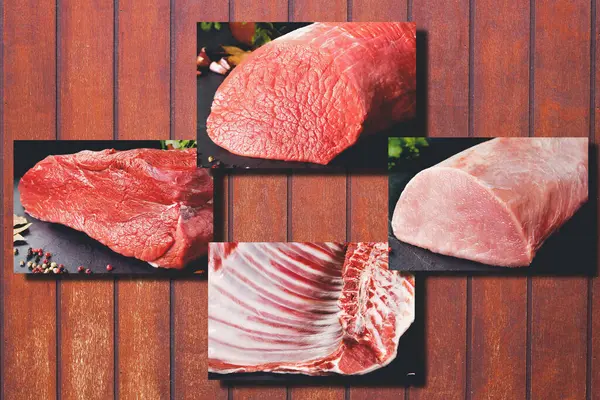 肉屋やレストランのためのさまざまな種類の生肉のコラージュやデザイン 石や黒のスレートの背景にBef SirloinステーキとTボーンステーキ ロイヤリティフリーのストック画像