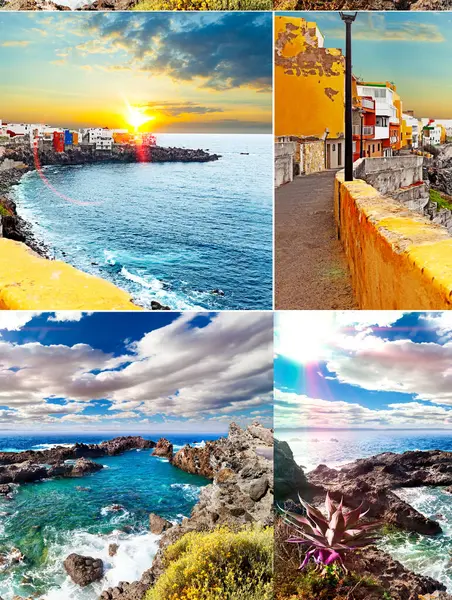 Zachód Słońca Dekoracje Hiszpania Projektowanie Morza Lub Kolaże Puerto Cruz Obraz Stockowy