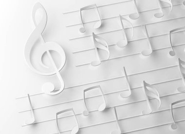 Senfoni ve klasik müzik konsepti. Beyaz renkli üçlü anahtar ve nota kağıdı..