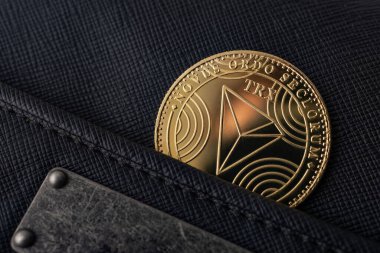 Cüzdanı olan TRX altın sikkeleri, yakın plan. Bitcoin birikimi, satış ve satın alma kavramı.