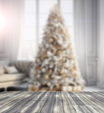 Noel çam ağacının Noel arkaplanı ve oturma odasının içinde hediyeler..