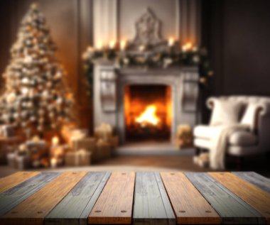 Noel arkaplanı çam ağacı ve şömine. Oturma odasındaki 3D resim..