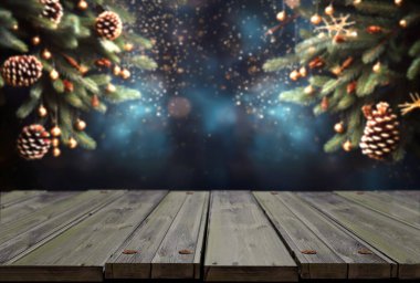 Dekorasyonlu Noel ağacı ve arka plan bulanık 3D illüstrasyon üzerindeki ışıklar.