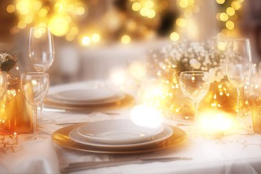 Noel ve yeni yıl kutlamaları için dekore edilmiş zarif restoran masasının yaratıcı bulanıklığıyla soyut bir arka plan.