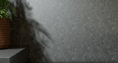 Evde minimalist masası olan tek renkli boş duvar. Vitrin için duvar sahnesi modelleme ürünü, tanıtım arkaplanı.