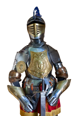 Ortaçağ zırhı şeffaf arka planda izole edilmiş. Antikalar ve koleksiyon.