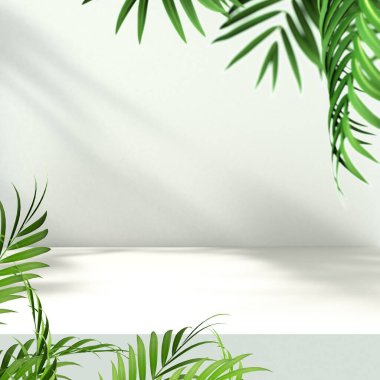 Boş zemin ve duvar arkaplanı güneş ışığı ve bitki gölgeleriyle aydınlatılıyor..