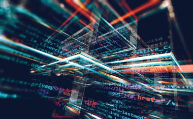 Algoritma geliştirme için betik ve kaynak kodu 3D illüstrasyon.