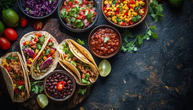 Taco, frigoles, carne de res, Meksika dürümleri, peynirli nachos ve siyah arka planda guacamole salatası ve domates bruschetta. en üstteki görünüm.