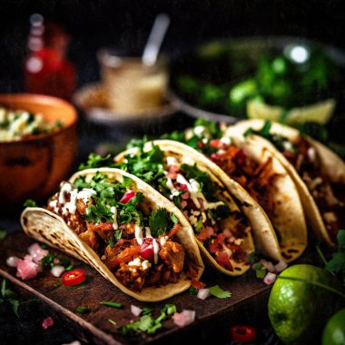 Taco bifteği, Meksika yemeği. Moody Zarafeti, Rustik cazibe, Yumuşak ve rüya gibi ışıklandırma.