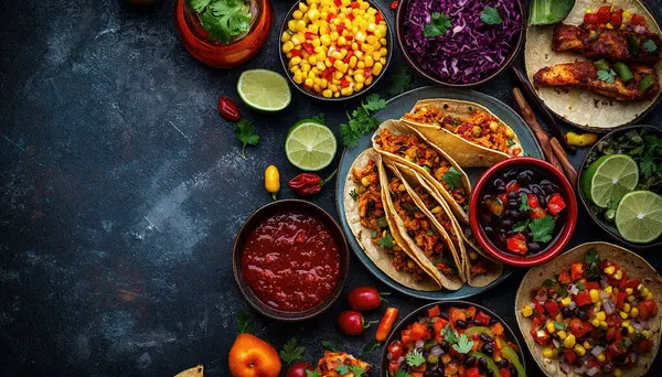 Taco, frigoles, carne de res, Meksika dürümleri, peynirli nachos ve siyah arka planda guacamole salatası ve domates bruschetta. en üstteki görünüm.