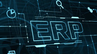 ERP yazılımı, kurumsal kaynak planlaması, işletme ve teknoloji konsepti, grafikler ve raporlar, fütürist grafik arayüzü, şirket yönetimi (3d))