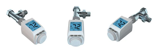 Digital Thermostatic Radiator Valve White Background Left Front Right View — Stock Photo, Image
