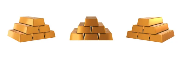 Gold Ingots Stack White Background Left Front Right View Render — Stock Photo, Image