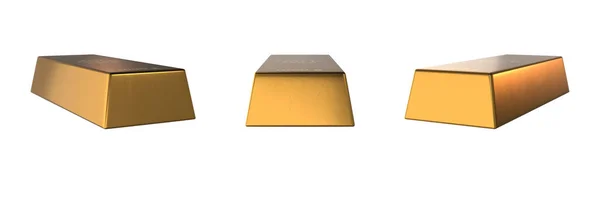 gold ingot on white background, left, front and right view (3d render)