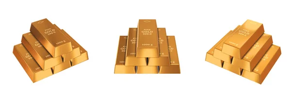 Gold Ingots Stack White Background Left Front Right View Render — 스톡 사진