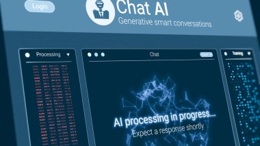 Gelecekçi sohbet ai kullanıcı arayüzü, yapay zeka sistemi, bir robotla sohbet, dinamik elementler, gelişmiş ai teknolojisi (3d))