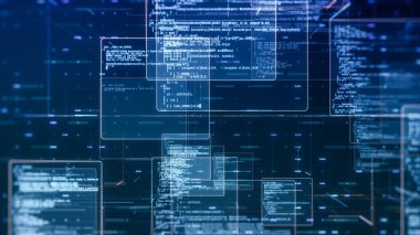 Rastgele programlama koduna sahip soyut ağ, web ve yazılım geliştirme konsepti, gelecekteki teknoloji, dijital bağlantı, siber uzay (3d yorumlayıcı))