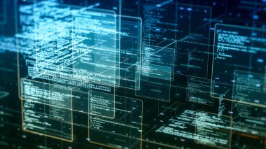 Rastgele programlama koduna sahip soyut ağ, web ve yazılım geliştirme konsepti, gelecekteki teknoloji, dijital bağlantı, siber uzay (3d yorumlayıcı))
