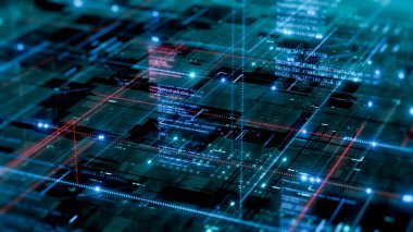 Programlama kodlu soyut geleceksel veri ağı, nöral ağ kavramı, bulut hesaplama, büyük veri, dijital veri işleme, ai, yazılım geliştirme (3d)