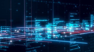 Programlama kodlu soyut kompleks sinir veri ağı, ağ geliştirme konsepti, makine öğrenme, yapay zeka, fütüristik teknoloji (3d))