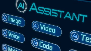 Ai yardımcı yazılımının kullanıcı arayüzü, resimler, videolar, metin ve diğer içerikler için Ai üreticisi, fütüristik teknoloji (3d render)
