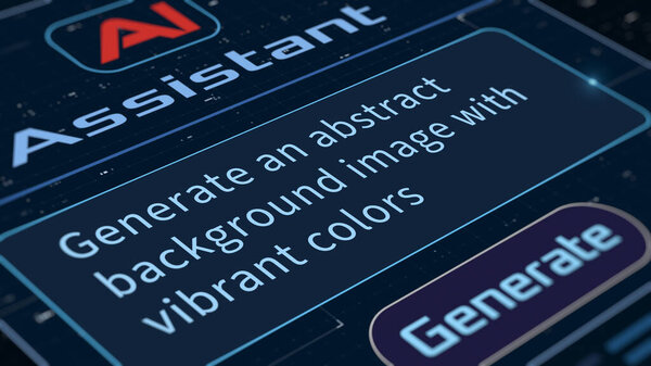 Generative AI software, user interface, AI image generation from text prompt, artificial intelligence assistant, futuristic technology concept (3d render)