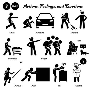 Stick figure human people man action, feelings, and emotions icons alphabet P. Punch, puncture, punish, purchase, purge, purr, pursue, push, put, and puzzled. clipart