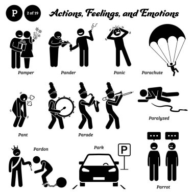 Stick figure human people man action, feelings, and emotions icons alphabet P. Pamper, pander, panic, parachute, pant, parade, paralyzed, pardon, park, and parrot.  clipart