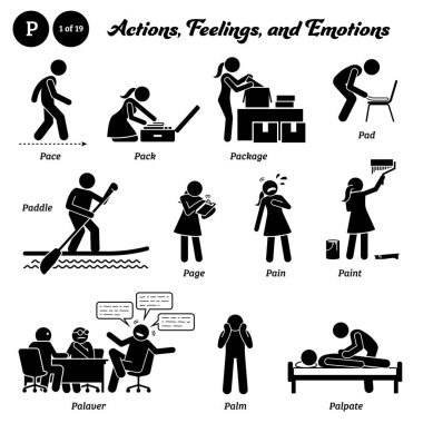 Stick figure human people man action, feelings, and emotions icons alphabet P. Pace, pack, package, pad, paddle, page, pain, paint, palaver, palm, and palpate. clipart