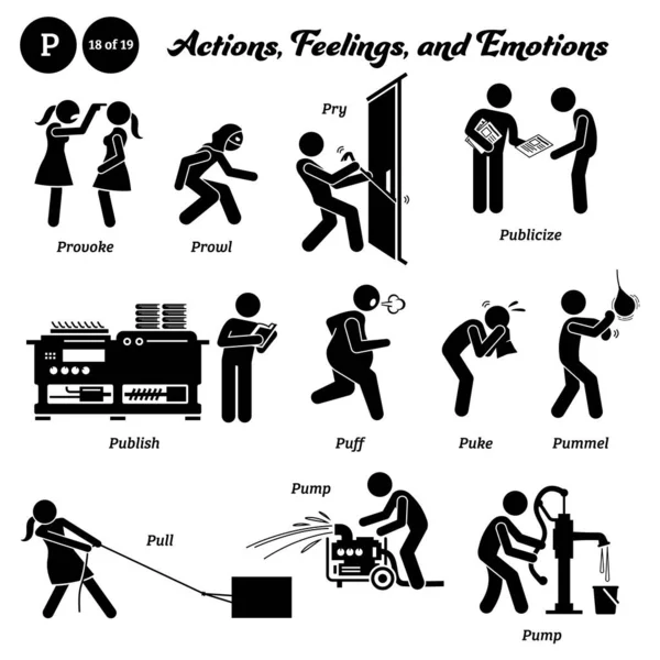 Stick Figure Human Man Action Feeling Emotion Icons Alphabet Provoke - Stok Vektor