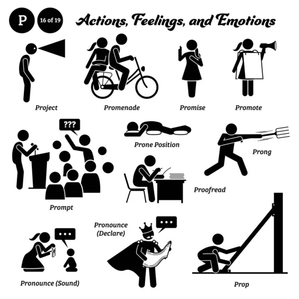 Stick Figure Human People Man Action Feelings Feelings Icons Alphabet — Διανυσματικό Αρχείο