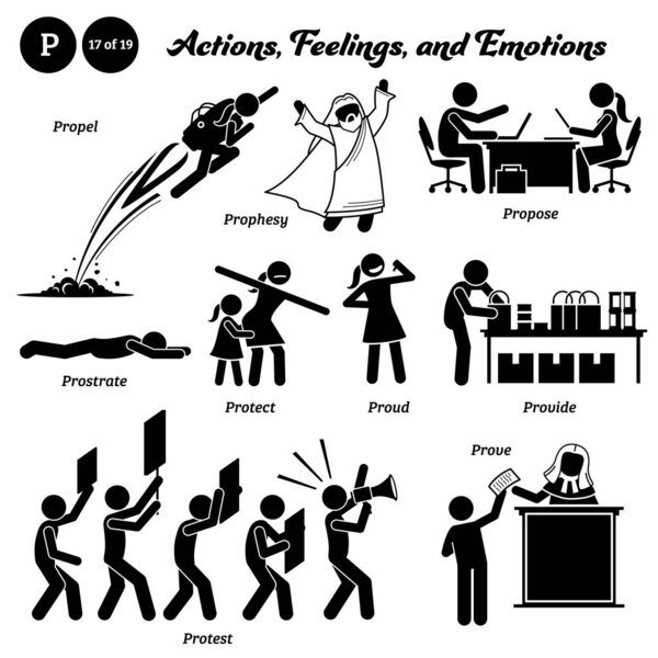 Stick figure human people man action, feelings, and emotions icons alphabet P. Propel, prophesy, propose, prostrate, protect, proud, provide, protest, and prove.