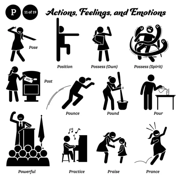 スティック図人間の人間の行動 感情のアイコンのアルファベットP ポーズ ポスト ポンプ ポンド 強力な練習 およびプレス — ストックベクタ