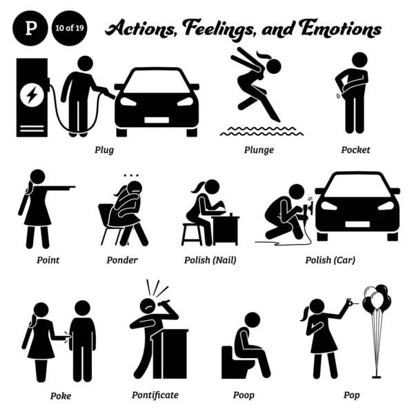 スティック図人間の人間の行動 感情のアイコンのアルファベットP プラグ ポケット ポイント ポケット ポップアップ およびポップ — ストックベクタ