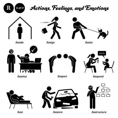 Stick figure human people man action, feelings, and emotions icons alphabet R. Reside, resign, resist, resolve, respect, respond, rest, restore, and restructure.