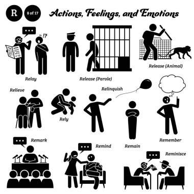 Stick figure human people man action, feelings, and emotions icons alphabet R. Relay, release, parole, animal, relieve, rely, relinquish, remain, remember, remark, remind, and reminisce. 