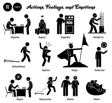 Stick figure human people man action, feelings, and emotions icons alphabet R. Register, regret, regulate, reinforce, rehabilitate, rejoice, reign, reiterate, reject, rejuvenate, relate, and relax.