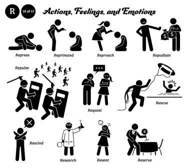 Stick figure human people man action, feelings, and emotions icons alphabet R. Repress, reprimand, reproach, repudiate, repulse, request, rescue, rescind, research, resent, and reserve. 