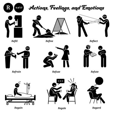 Stick figure human people man action, feelings, and emotions icons alphabet R. Refill, refine, reflect, refrain, refuse, refute, regain, regale, and regard.