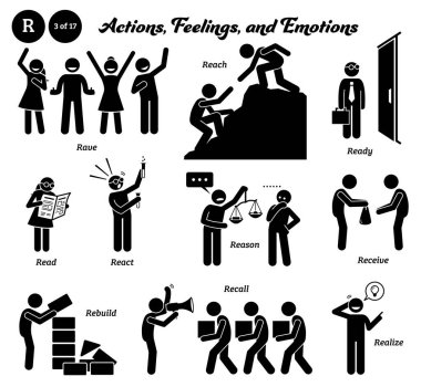Stick figure human people man action, feelings, and emotions icons alphabet R. Rave, reach, ready, read, react, reason, receive, rebuild, recall, and realize. 