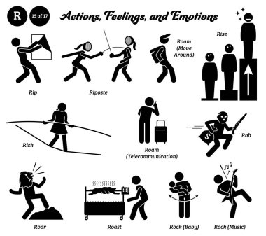 Stick figure human people man action, feelings, and emotions icons alphabet R. Rip, riposte, roam, move around, rise, risk, telecommunication, rob, roar, roast, rock, baby, and music.