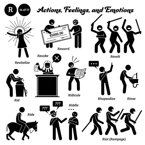 Stick figure human people man action, feelings, and emotions icons alphabet R. Revitalize, revoke, reward, revolt, rid, ridicule, rhapsodize, rinse, ride, riddle, riot, and rampage.