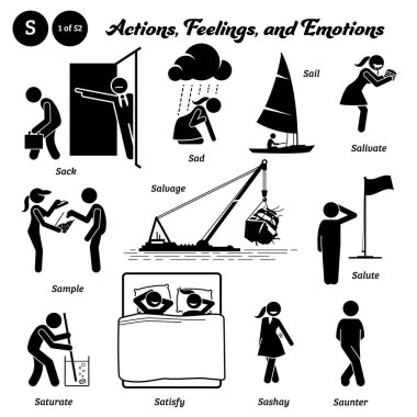 Stick figure human people man action, feelings, and emotions icons alphabet S. Sack, sad, sail, salivate, sample, salvage, salute, saturate, satisfy, sashay, and saunter. 