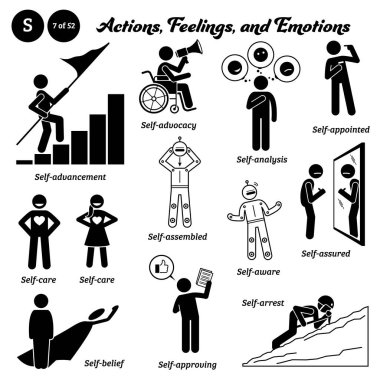Stick figure human people man action, feelings, and emotions icons alphabet S. Self, advancement, advocacy, analysis, appointed, care, assembled, aware, assured, belief, approving, and arrest. clipart