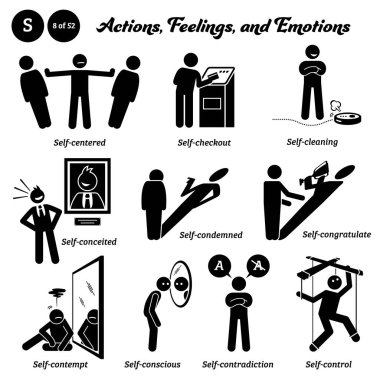 Stick figure human people man action, feelings, and emotions icons alphabet S. Self, centered, checkout, cleaning, conceited, condemned, congratulate, conscious, contradiction, and control. clipart