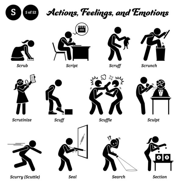 Stick figure human people man action, feelings, and emotions icons alphabet S. Script, scrub, scruff, scrunch, scrutinize, scuff, scuffle, sculpt, sculptor, scurry, scuttle, seal, search, and section.