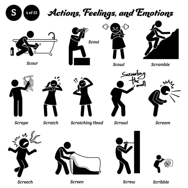 Stick Figure Human People Man Action Feelings Emotions Icons Alphabet — Stockvector