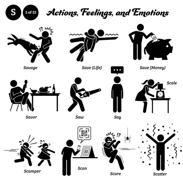 Stick Figure Humain Homme Action Sentiments Émotions Icônes Alphabet Savage Illustration De Stock