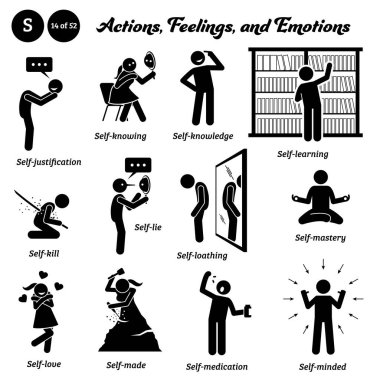 Stick figure human people man action, feelings, and emotions icons alphabet S. Self, justification, knowing, knowledge, learning, kill, lie, loathing, mastery, love, made, medication, and minded.